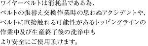 ワイヤーベルトは消耗品である為、ベルトの張替え交換作業時の思わぬアクシデントや、ベルトに直接触れる可能性があるトッピングラインの作業中及び生産終了後の洗浄中もより安全にご使用頂けます。